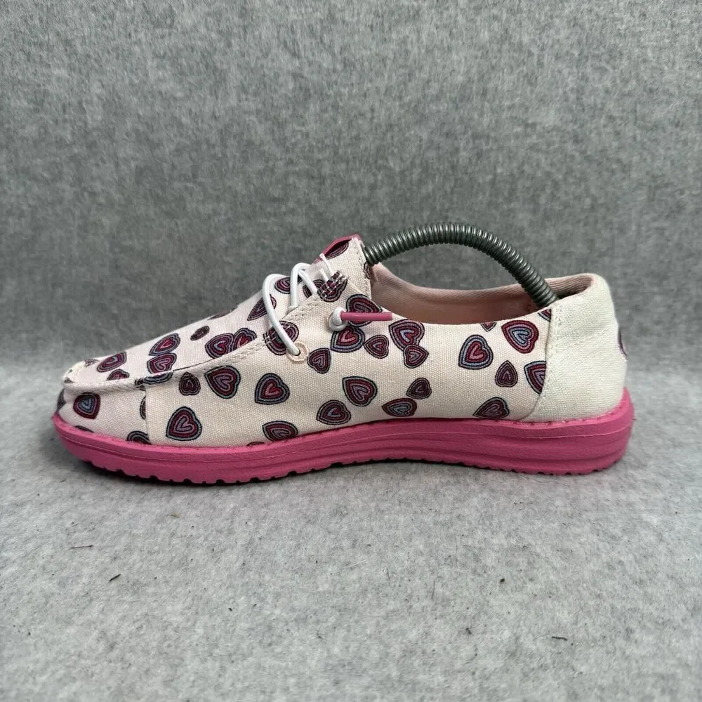 Hey Dude Shoes Youth 4 Wendy White Pink Slip On Heart Print Comfort Shoes New